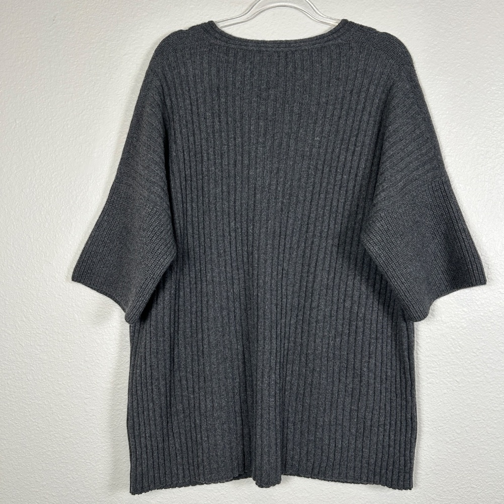 Lafayette 148 size XL short sleeve v-neck sweater 100% wool ribbed gray w pocket - Picture 9 of 11